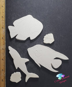 Bisqueware 3 Fish & 2 Sea Shells Handmade Tiles  B184