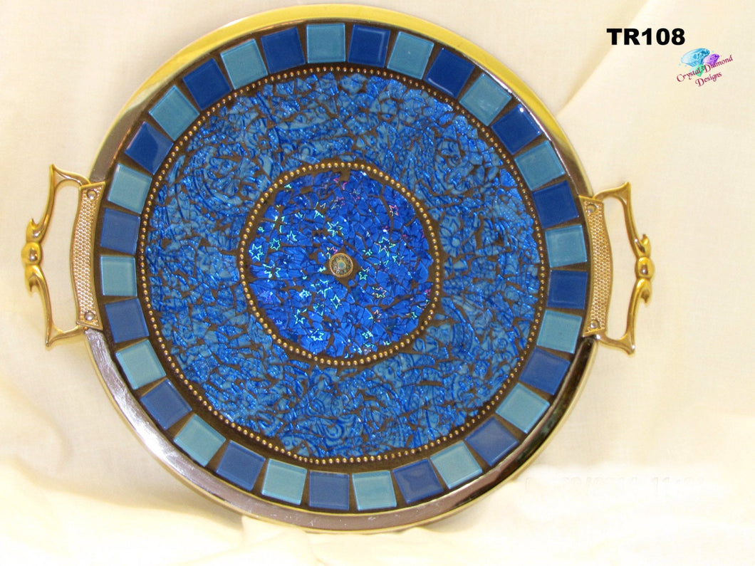 Blue Mosaic Tray Handmade Mosaic Silver Tray TR110
